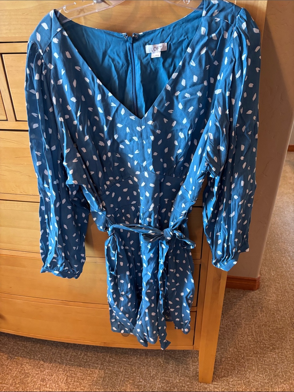 LOFT Teal-Blue V-Neck Wrap Dress with White Spot Print